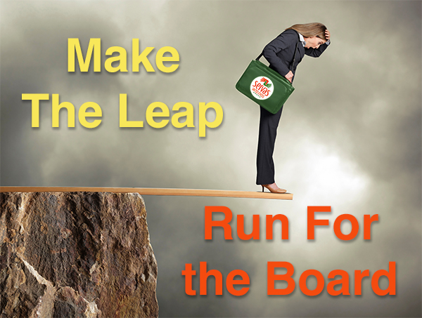 photo of woman on a board extending out over a cliff with the words "Make the Leap - Run for the board"