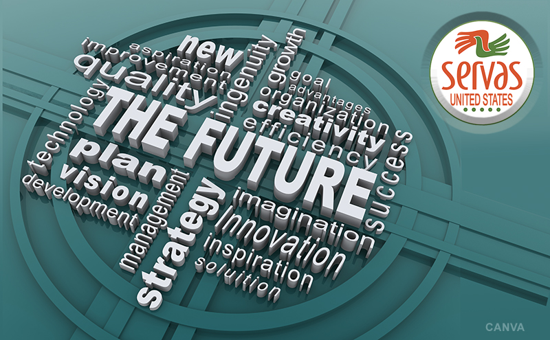 Futuristic graphic of what shapes the future plus US Servas logo