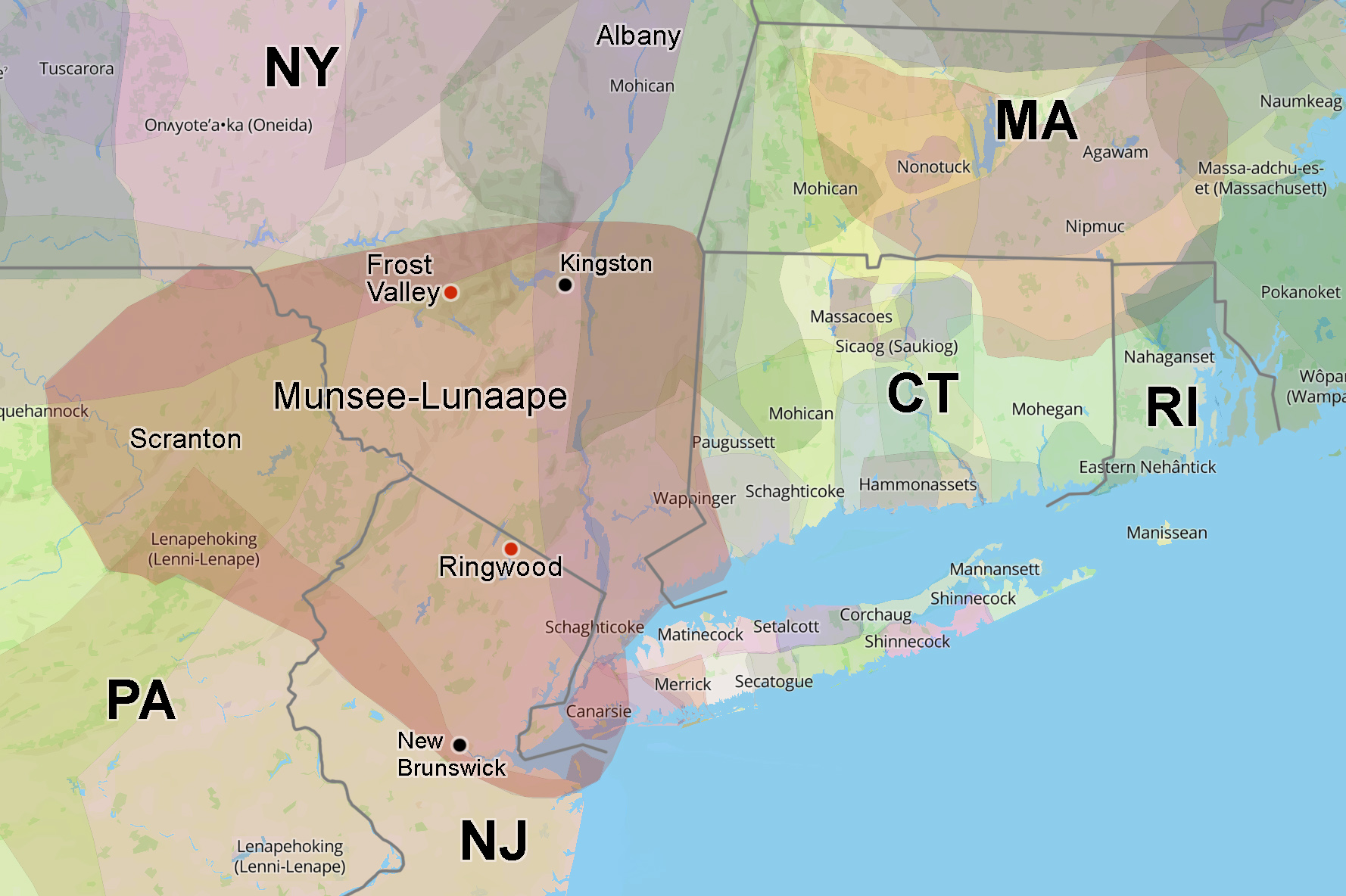 map showing Munsee Lunaape homelands superimposed over NJ, PA, and lower NY boundaries