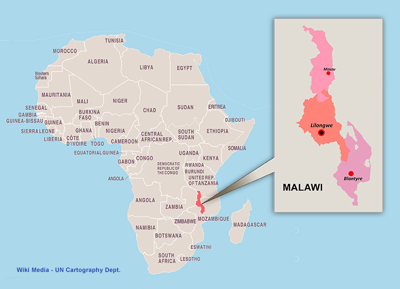 Map of Africa with inset showing location of Malawi