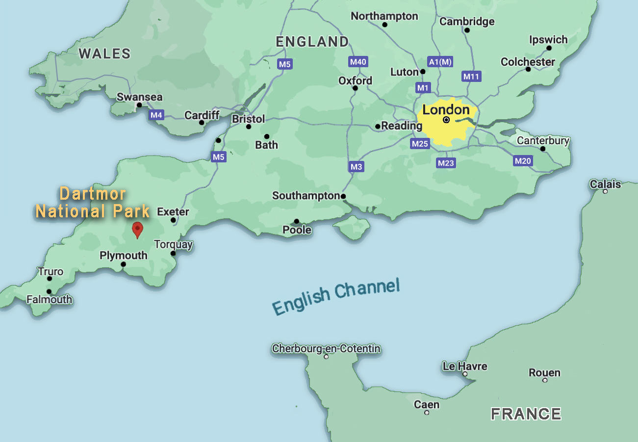 Map of Southern England showing location of Dartmor National Park