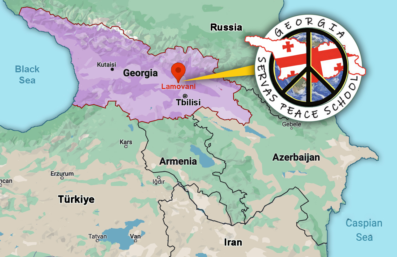 Map showing location of Georgoa with peace camp logo pointing to Lamovani 