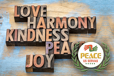 Graphic - words love, harmony, peace, joy with US Servas Peace Award logo