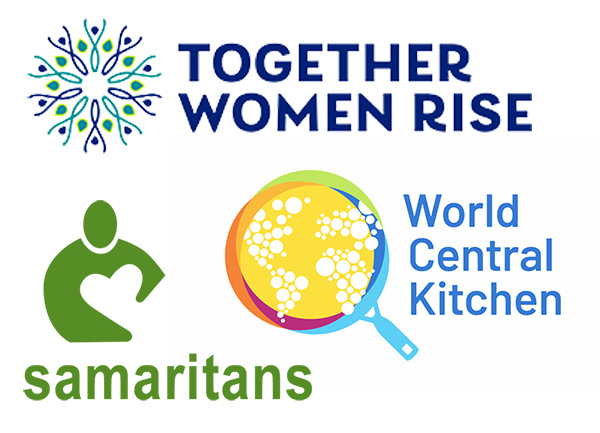 graphic shows several NGO logos - World Central Kitchen, Samaritans, Together Women Rise, etc