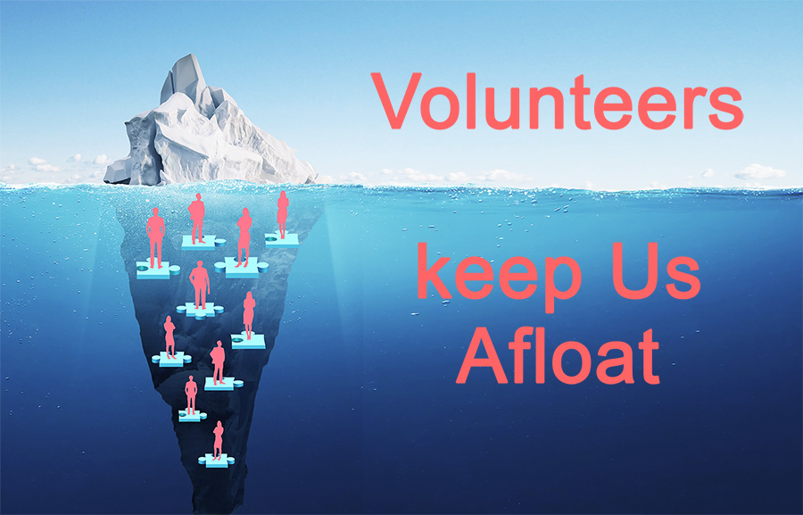 photo of iceberg with people and the words" Volunteers keep us afloat"