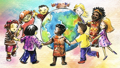 poster-style graphic of children holding hands around the earth 
